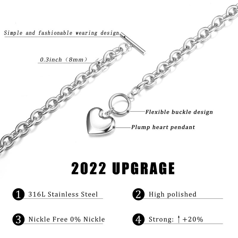 LOYALLOOK 3Sets Heart Pendant Necklace Toggle Chain Heart Bracelet Heart Stud Earrings for Women Stainless Steel Charm Love Heart Jewelry Set for Halloween - Image 3